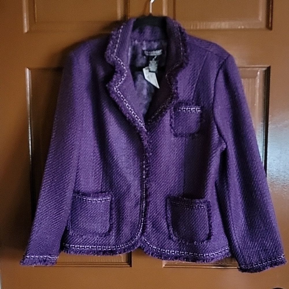 Dialogue-Purple wool blend jkt. with raw edges. Size 16 NWT.